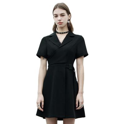 China High praise drop shipping wholesale OPQ-1122LQF anti-static punk lady Business Black Lapel pleated short sleeve dress for sale