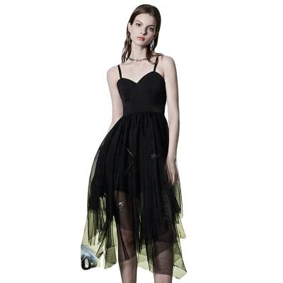 China PUNKRAVE OPQ-1153LQF Anti-Static Women Irregular Black Camisole Embroidered Mesh Slop Dress for sale