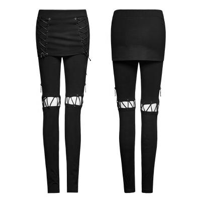 China PK-101 Rave Punk Black Bandage Anti-pilling Leggings Hollow Out Knee Tight Women Fake 2 Pieces Skirt Pencil Pants for sale