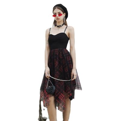 China OPQ-478DQF Praise Style Suspender Mesh Women Irregular Sleeveless Casual Plaid Anti-static Punk Dress for sale