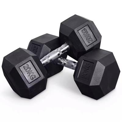 China Durable 15 Lb 50 Kg Cast Iron 15kg Black Weights 25 Lb Gym Hexagonal Dumbells Mancuernas Rubber Hex Dumbbells Set With Stand Vi for sale