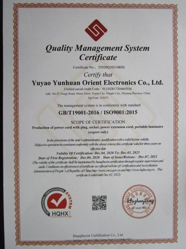 ISO9001 - Yuyao Yunhuan Orient Electronics Co., Ltd.