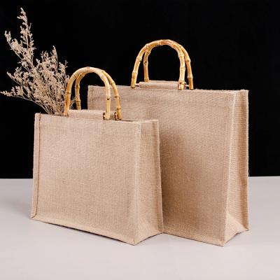 China Handled Bamboo Jute Shopping Bag Eco-friendly Material Hessian Bag Customize Logo for sale