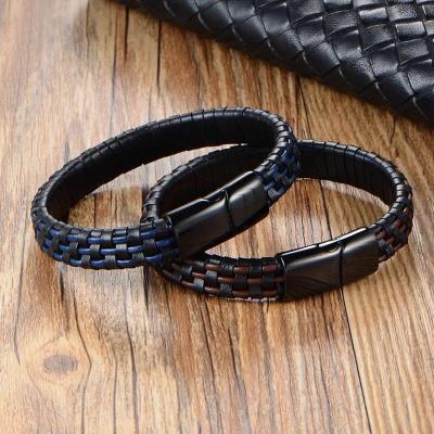 China CLASSIC High Quality Genuine Stainless Steel Clasp Bracelet Woven Genuine Leather Jewelry For Men Custom Logo for sale