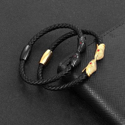 China New Design Stainless Steel CLASSIC Snake Charm Real Genuine Leather Bracelet Jewelry For Men for sale