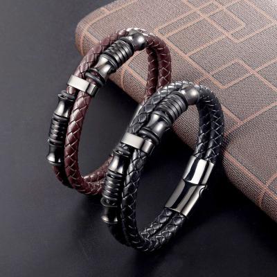 China CLASSIC high quality stainless steel metal charms double genuine genuine leather bracelet jewelry for men for sale