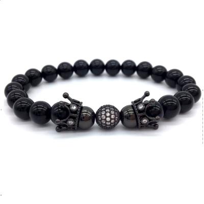 China Black Agate CZ Diamond Ball Natural Crown Stone Charm Elastic Stone Beads Bracelet for sale