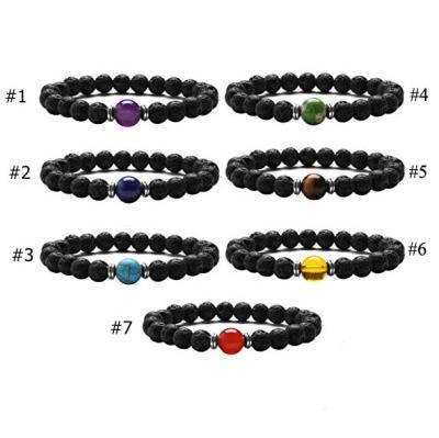 China 7 Chakra Gemstone Natural Stone Spiritual Beads Lava Stone Essential Oils Diffuser Elastic Bracelet for sale