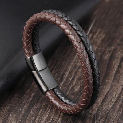 China New Fashion Mens Jewelry Bracelet Stainless Steel Handmade Genuine Leather Bracelet Men CLASSIC Magnet Clasp for sale