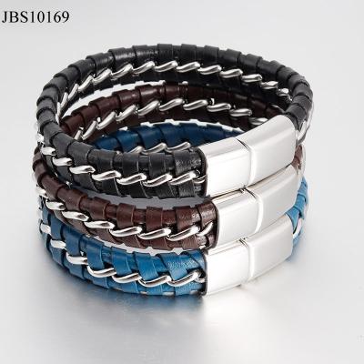 China New Mens Jewelry CLASSIC High Quality Stainless Steel Chain Genuine Leather Bracelet for sale