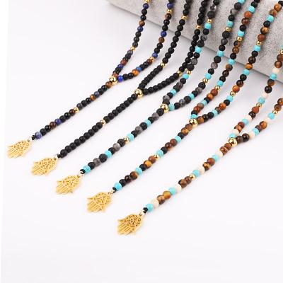 China New Design CLASSIC Jewish Jewelry Beads Long Necklace Men's Small Natural Hamsa Hand Pendant Gemstone Stainless Steel Beads for sale