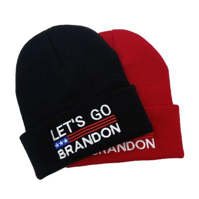 China COMMON DYS163 LET USA GO BRANDON Embroidered Hats Cotton Warm Hats New Adult Knitted Plus Thick Wool Hats Stuffed Hat for sale