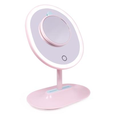 China Fashion Pink Round Desktop Mirror 5X Magnifier Magnifying Lighted Vanity Makeup Mirror For Beauty for sale