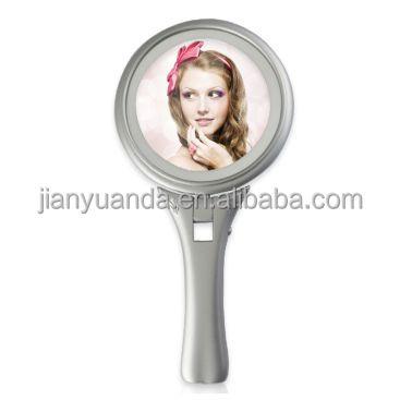 China Hand Mirror Standing Mirror Led Makeup Mirrors With 5X Magnify Side/Folding Handle Free Standing Cosmetic Mirror for sale