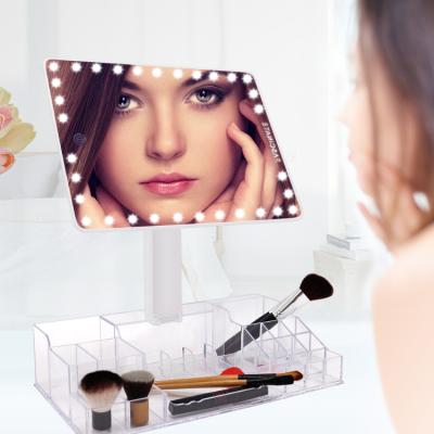 China Triple Rechargeable Led Desktop Mirror Makeup Table Cosmetic Mirror With Acrylic Makeup Storage for sale