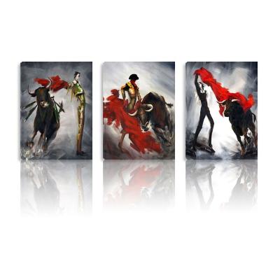 China Modern Wall Art Corrida de Toro Canvas Painting Bull Fight Canvas Stretched On Canvas 3 Panels Wall Wood Framed Oil Paintings16BY12 for sale