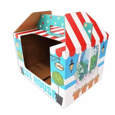 China Blue Box Custom Paper Cat House Corrugated Cardboard Cat House Breathable Backing for sale