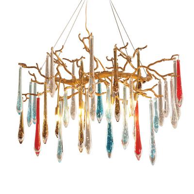 China Water luxury crystal creative modern copper suctio full branches dinning room post light villa living room colorful chandelier for sale