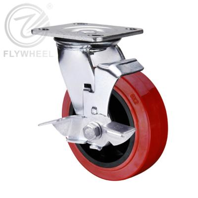 China Flat Trolley Caster Freewheel 4 5 6 8 Inch Heavy Duty PU/Polyurethane Swivel Caster Wheel With Side Brake for sale