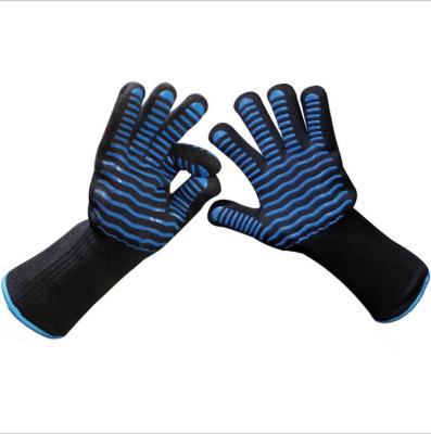 China Outdoor Series Blue Wave Design BBQ Anti Scald Heat Resistant BBQ Oven Gloves Kitchen Fireproof Anti-Skid Gloves for Baking Cooking for sale