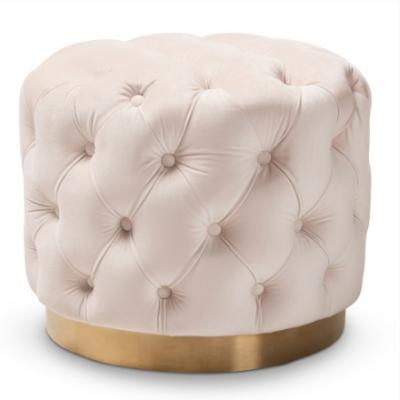 China Comfort Round Stool Tufted Beige Cream Velvet Stool With Gold Base for sale