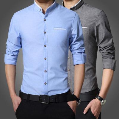 China Anti-pilling Shirt Men Long Sleeve Banded Collar Easy Care Collarless Shirts Slim Fit Cotton Men Shirt for sale