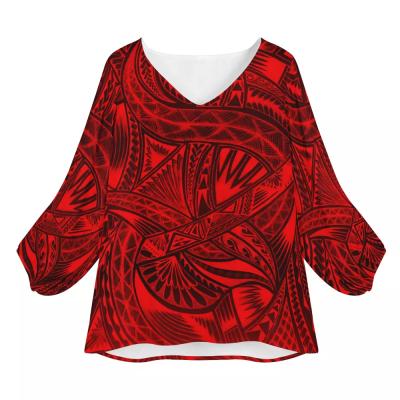 China New Arrival Red Anti-pilling Polynesian Tribal Design Printing Oversized Plumeria Madame Chiffon Tops Custom Design Stretched Material Shirt for sale