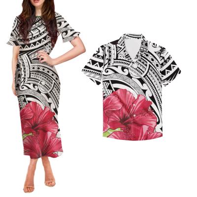 China Anti-Static Women Dress Plus Size Shorts Ruffle Sleeve Dress Polynesian Tribal Print Ladies Dress Men's Matching Shirt Couples Clothing for sale