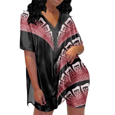 China QUICK DRY Polynesian Tribal Print Women Short Sleeve Side Slit Shirt Loose Shorts Two Piece Ladies Home Sleepwear Clothes for sale