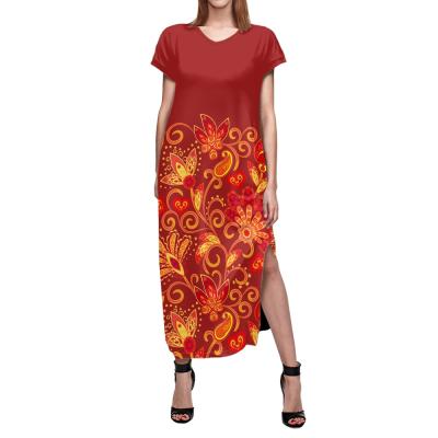 China POD Women Short Sleeve Dresses Anti-Static Summer Casual Maxi Red Boho Floral Side Split Dress Flowers Print Maxi Dresses Women for sale