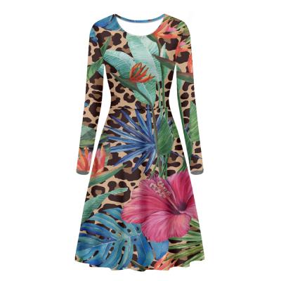 China Anti-Wrinkle Leopard Skin Pattern Women Long Sleeve Dress Print Crewneck Sash Knee Length Dress Bright Floral Tropical Print On Demad for sale