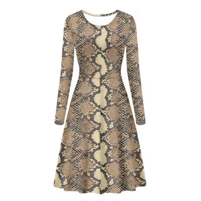 China Anti-Wrinkle Printing Ladies Crewneck Belt Dress Custom Snakeskin Measures Pattern Printing Women Sheath Long Dress Autumn Knee Length Dress for sale