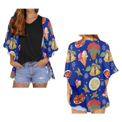 China QUICK DRY Blue Lantern Bell Pattern Christmas Blouse Women Shirts Vintage Long Sleeve Off The Shoulder Chiffon Blouse Summer Casual Tops for sale