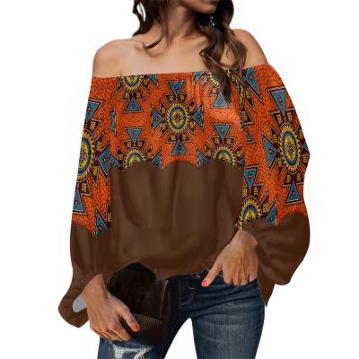 China Aztec Style Art Print Designs Off The Tribal QUICK DRY Oversized T Shirt Women Shoulder Lantern Sleeve Chiffon Casual Blouses for sale