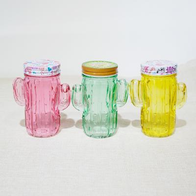 China Storage Jar Cactus Shaped Color Glass Mason Jar With Straw Drinking Jar Lid And Lid Drinking Straw for sale