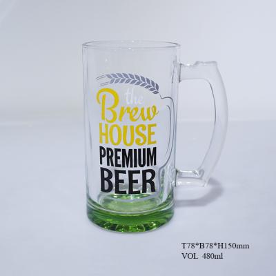 China Beer Bottom Color Beer Glass Mug With Handle And Printing Logo for sale