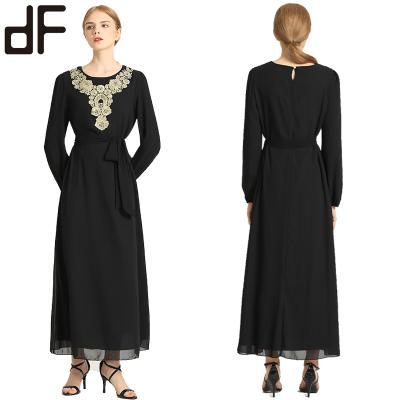 China New whoesale long abaya kaftan women abaya kaftan dress embroidery handmade dresses chiffon black polyester muslim islamic support belt for sale