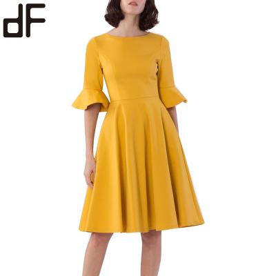 China Anti-Static Custom Made Ruched Elegant Flare Dress Party Wear Casual Dress Yellow Simple OEM Dress Patterns for sale