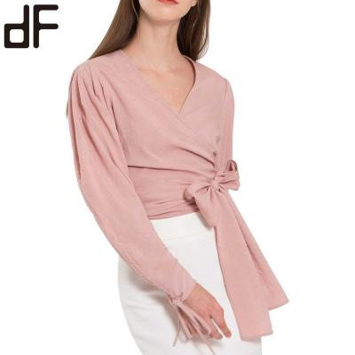 China OEM Fashion Design Lady Blouse Pale Pink Long Sleeve Crepe V-Neck Office Order Blouse Anti-pilling Blouse for sale