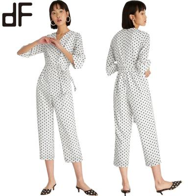 China Guangzhou QUICK DRY Factory Customized High Quality White Polka Dot Print Fashion Slim Casual Pants Lady Wear Office Jumpsuits for sale