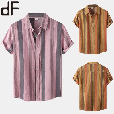 China Wholesale Price 2021 Summer Men's T-shirt Short Sleeve Top Anti-Wrinkle Casual Breathable Open Striped Print Cotton Beachwear Style Cotton Top for sale