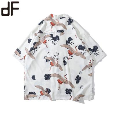 China Anti-pilling new summer and autumn men's short sleeve plus size casual loose shirt coat shirt Korean crane printed men's clothing shirt for sale