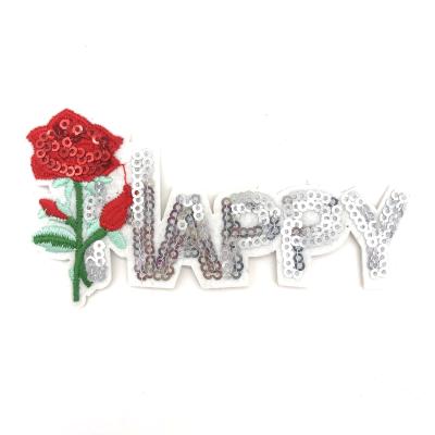 China Sustainable Fashion Design Custom Letters Rose Flowers Embroidery Sequin Appliques Patches For Clothing Dresses for sale