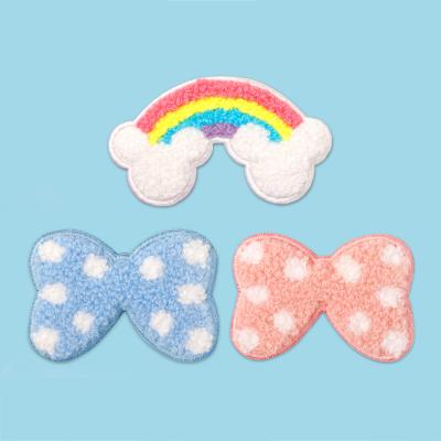 China Self-adhesive Patch 3D Chenille Bow Rainbow DIY Patch Towel Embroidery Chapter Ironless Patch Sticker for sale