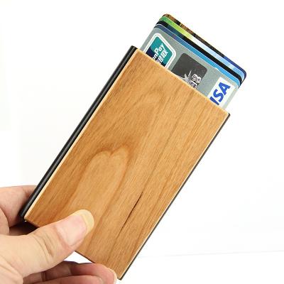 China Fashion All New Design Wooden Credit Cards Case Automatic Stainless Steel Credit Card Wallet Holder Custom Different Wooden Color for sale