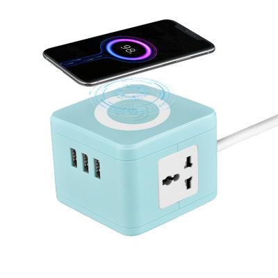 China Residential / Multi-Purpose Wireless Charger Power Strip For iPhone Charging From 3 USB 2AC Outlets With Switch And Cube Design for sale