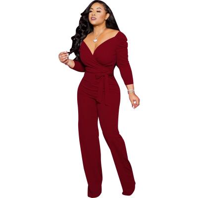 China Solid Color Long Sleeve V Neck Leg Pants Elegant Casual Deep Wide Waistband Plus Size Overalls Women Sexy Overalls for sale