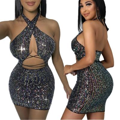 China 2022 New Women's Fashion Polyester Summer Sequin Backless Halter Viable Dress Slim Sexy One-Piece Solid Black Breastless Hips Bag for sale