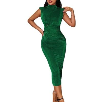 China 2022 New Women's Plus Size Spring Amazon Half Epaulets Tortoise Neck Pleated Slim Waist Long Sleeveless Dress for sale