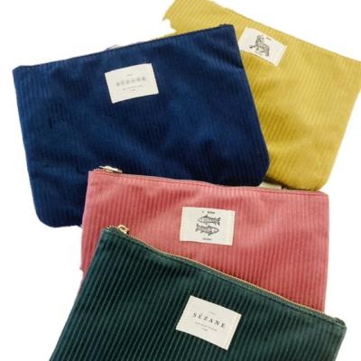 China Custom Fashion Label Woven Corduroy Striped Velvet Makeup Pouch Large Size Flat Pencil Pouch For Women for sale